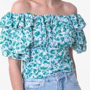 Molly Bracken Cottage Core Floral Blue Green Square Neck Poof Ruffle Sleeve M